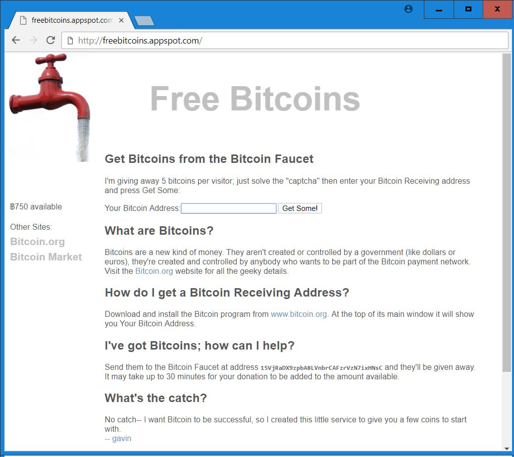 Original 2010 Bitcoin faucet website at freebitcoins.appspot.com
